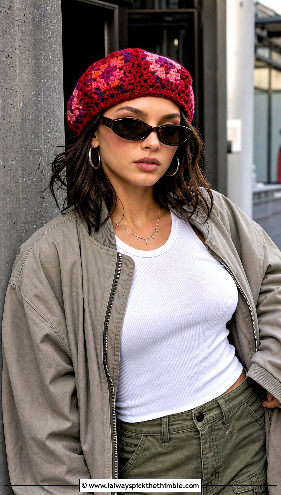 Granny Square Red Crochet Beret With Cargo Pants - 15 red crochet beret outfit ideas