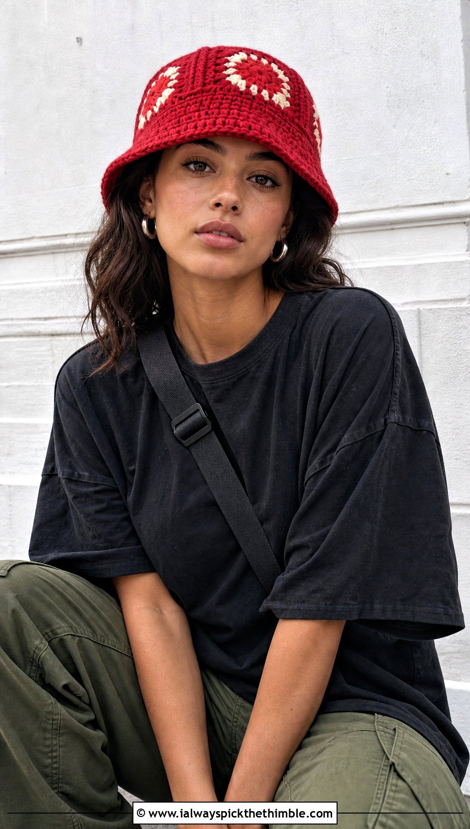 Granny Square Red Crochet Bucket Hat With Cargo Pants - 20 red crochet bucket hat outfit ideas