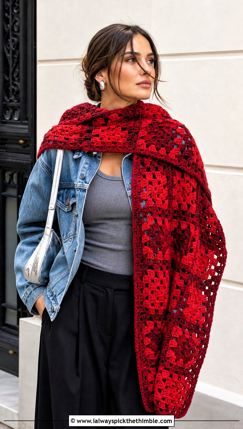 Granny Square Red Crochet Shawl With Denim Jacket And Black Pants - 15 red crochet shawl outfit ideas