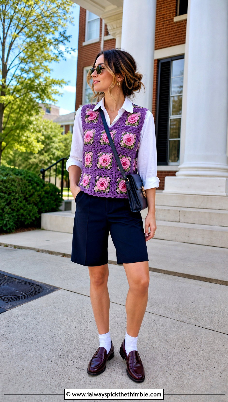 Granny Square Rose Crochet Vest With Button Down Shirt - 25 crochet rose top outfit ideas