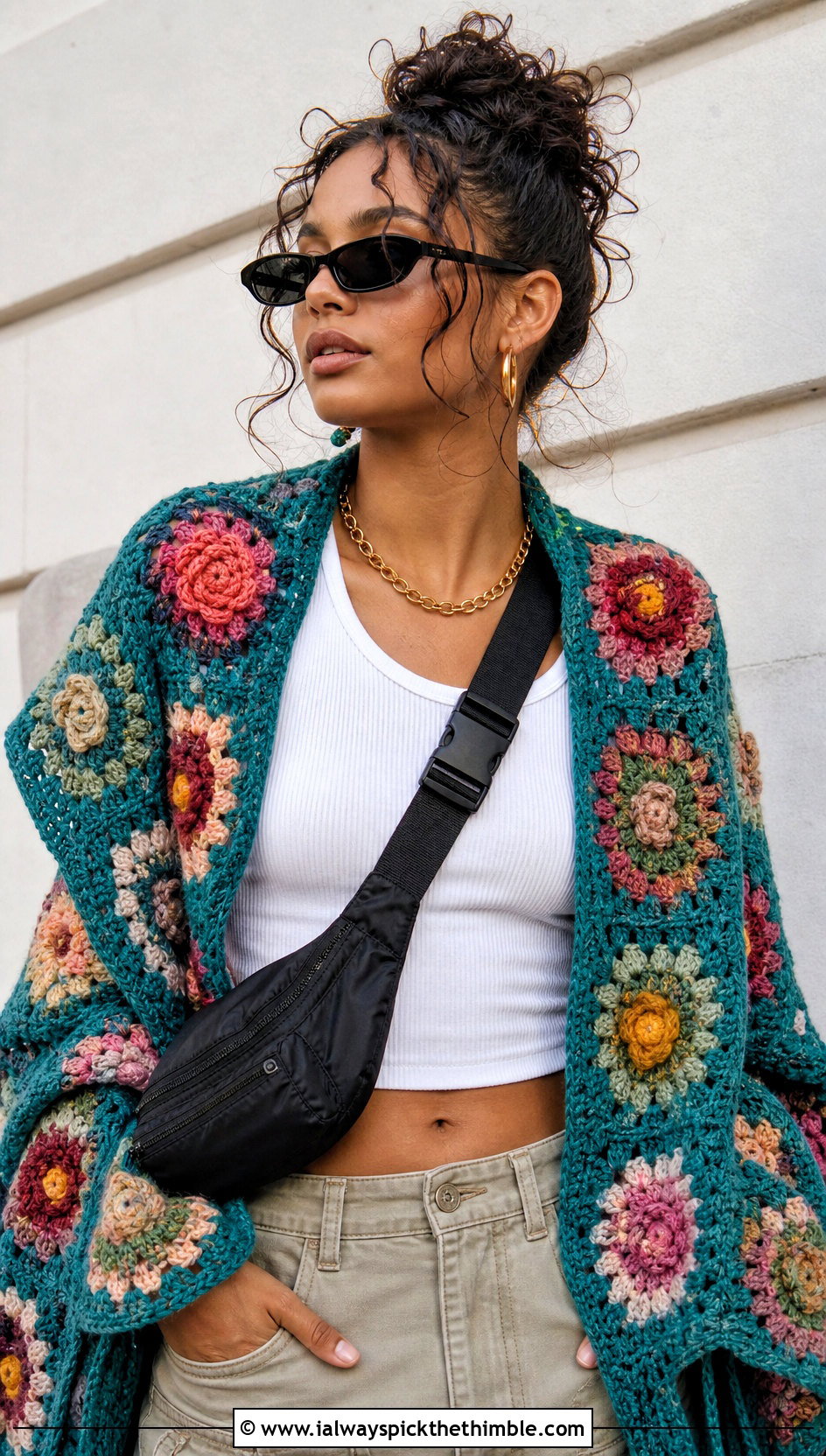 Granny Square Rose Shawl With Cargo Pants - 20 Crochet Rose Shawl outfit ideas