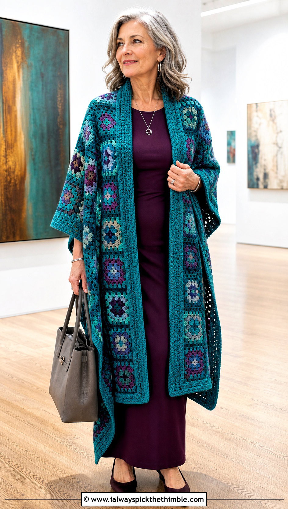 Granny Square Ruana Wrap With Column Dress - 20 granny square wrap outfit ideas