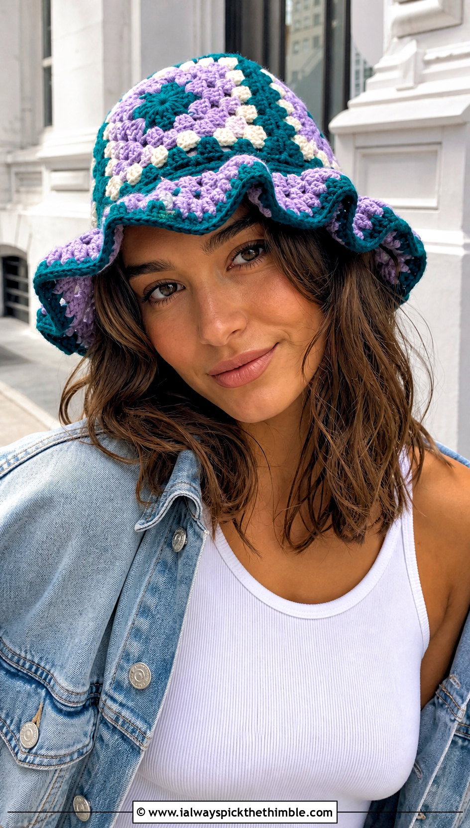 Granny Square Ruffle Bucket Hat With Denim Jacket - 20 Crochet Bucket Hat With Ruffles outfit ideas