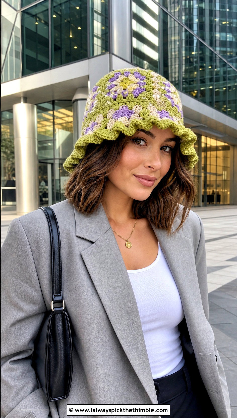 Granny Square Ruffle Crochet Bucket Hat With Blazer And Shorts - 20 Frilly Crochet Bucket Hat outfit ideas