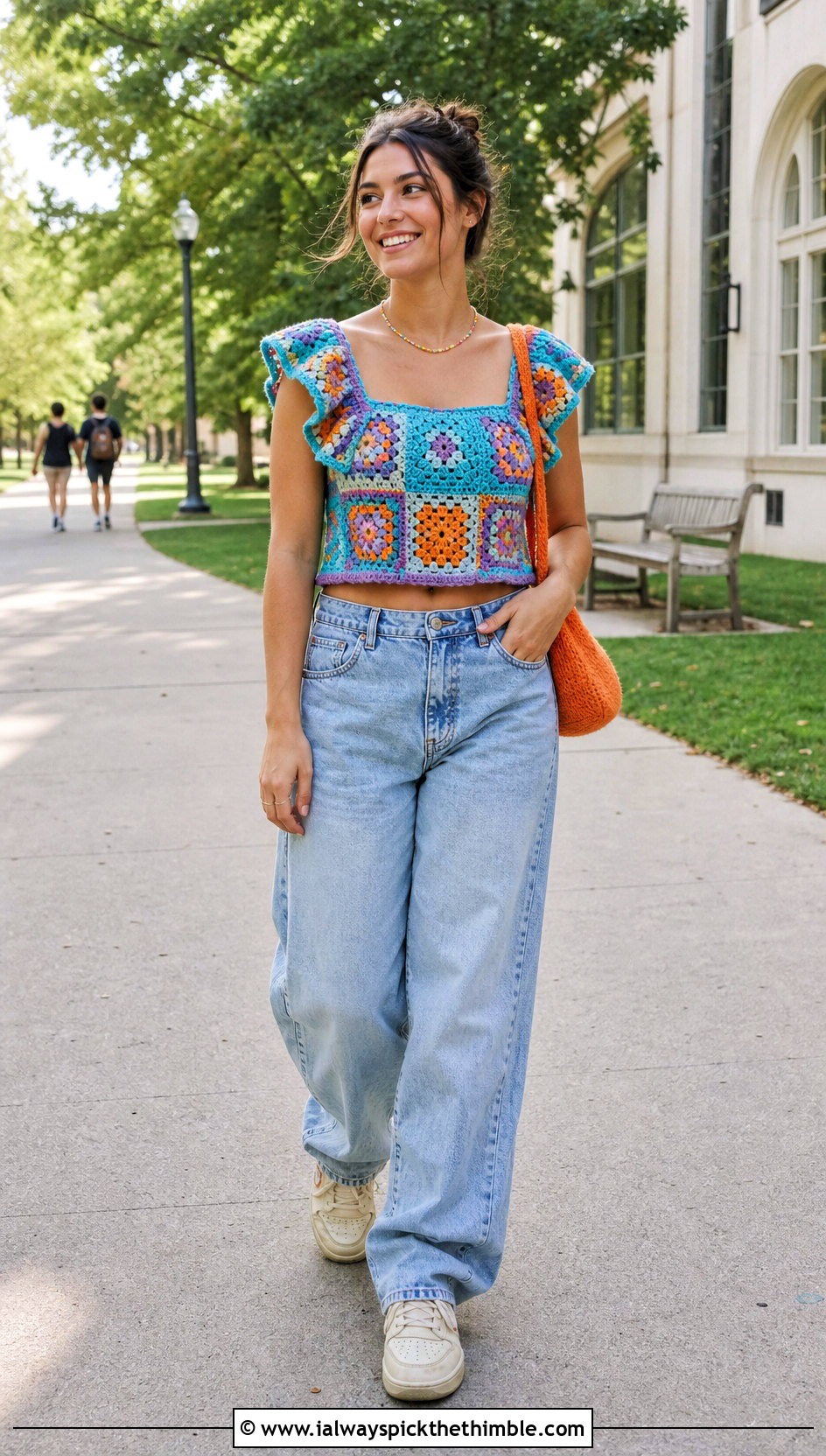 Granny Square Ruffle Crochet Top With Baggy Jeans - 25 crochet top with ruffles outfit ideas