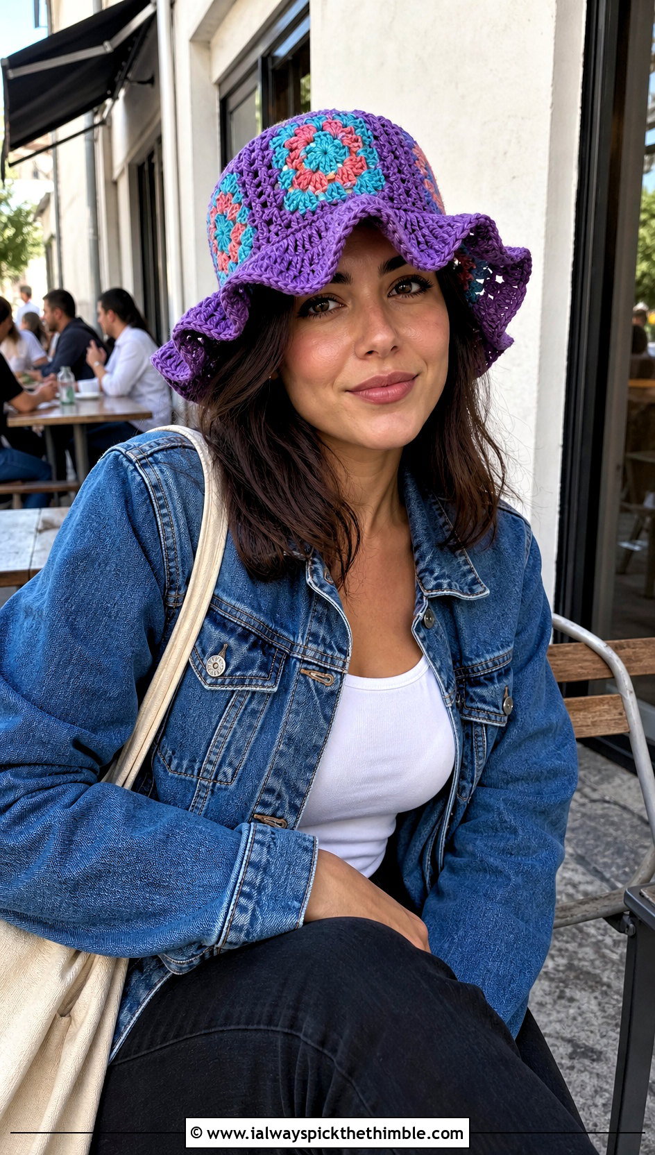 Granny Square Ruffle Hat With Denim Jacket - 25 crochet ruffle hat outfit ideas