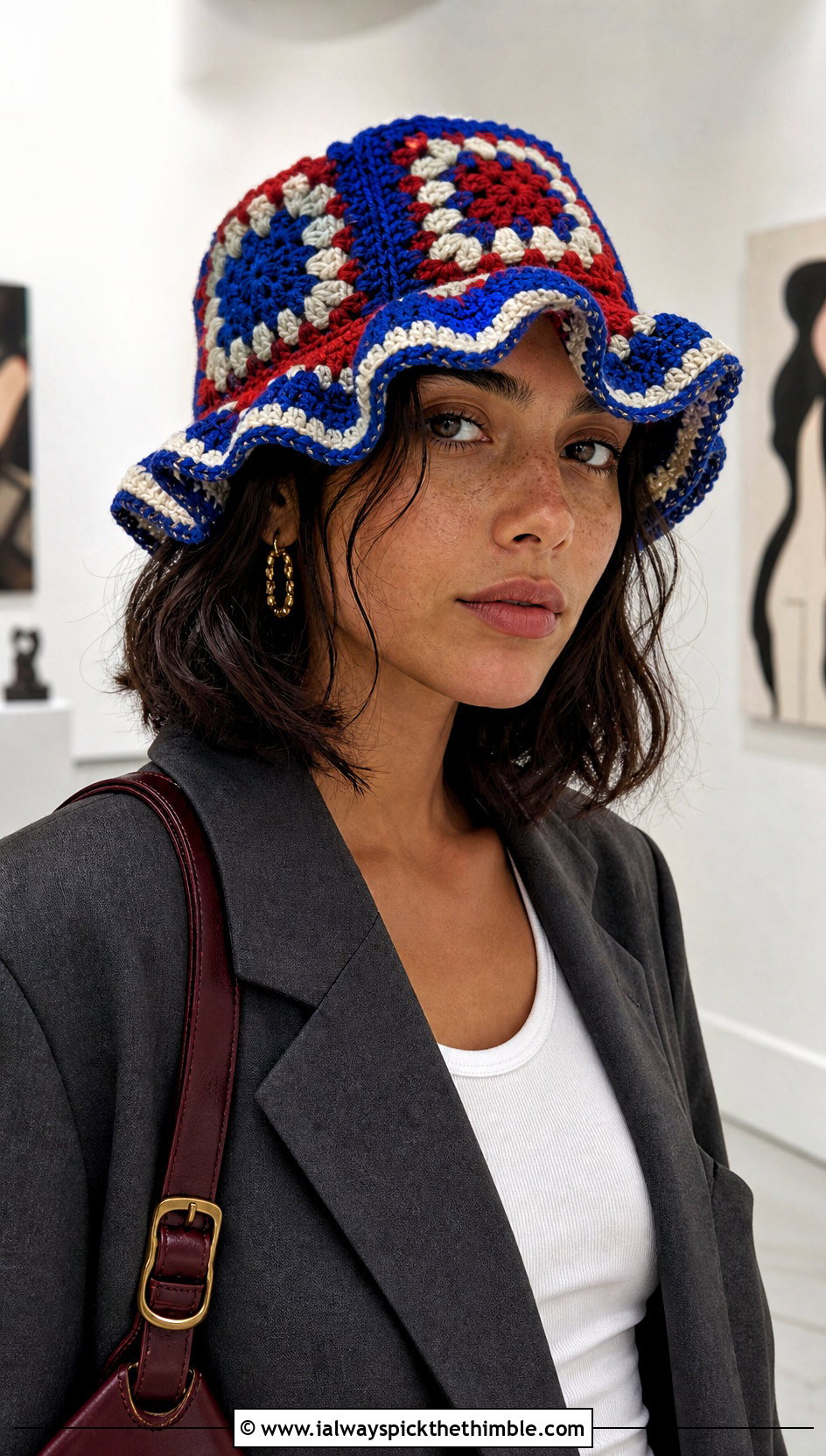 Granny Square Ruffled Crochet Bucket Hat With Blazer And Trousers - 20 ruffled crochet bucket hat outfit ideas
