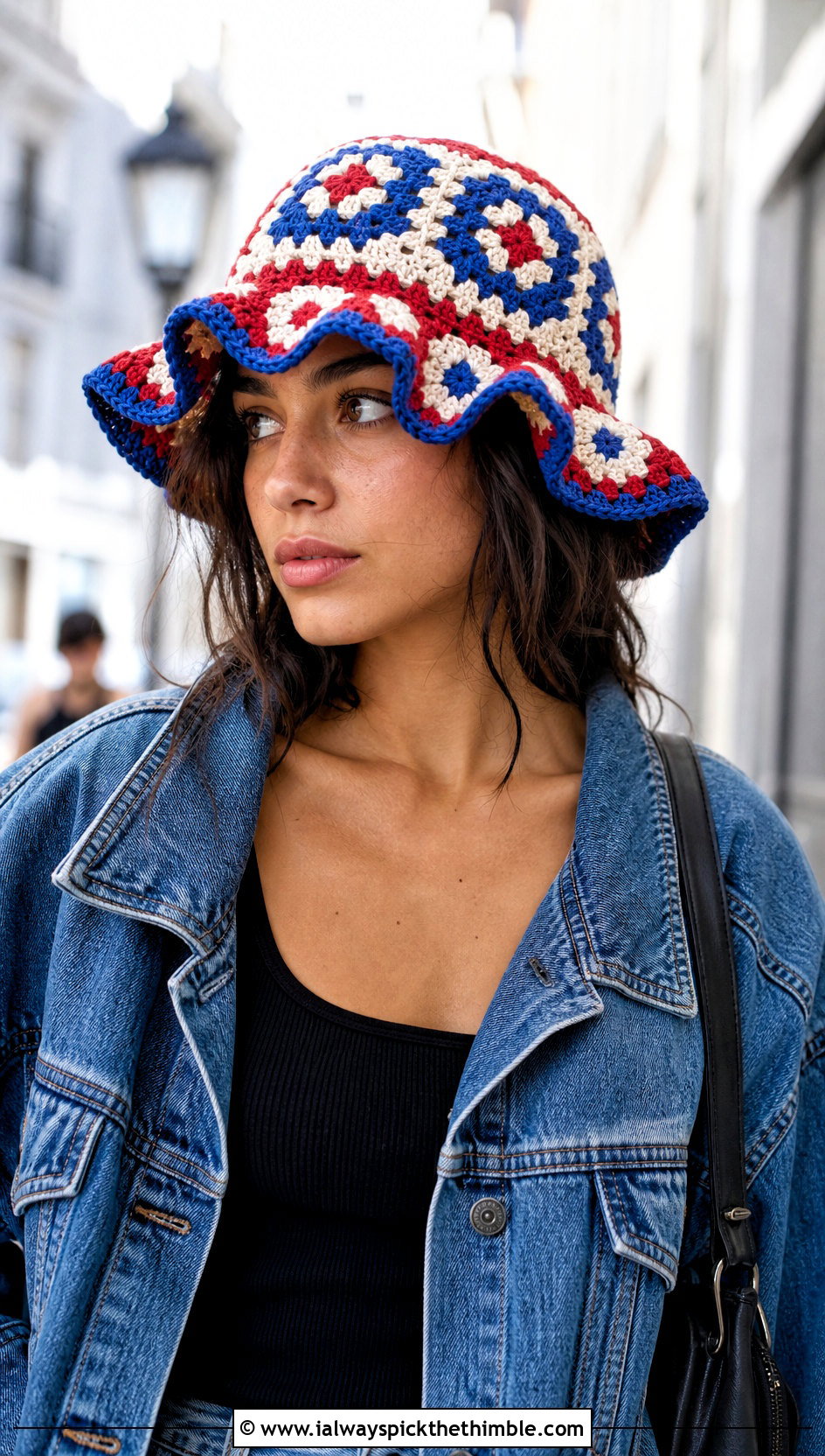 Granny Square Ruffled Crochet Hat With Denim Jacket - 25 ruffled crochet hat outfit ideas