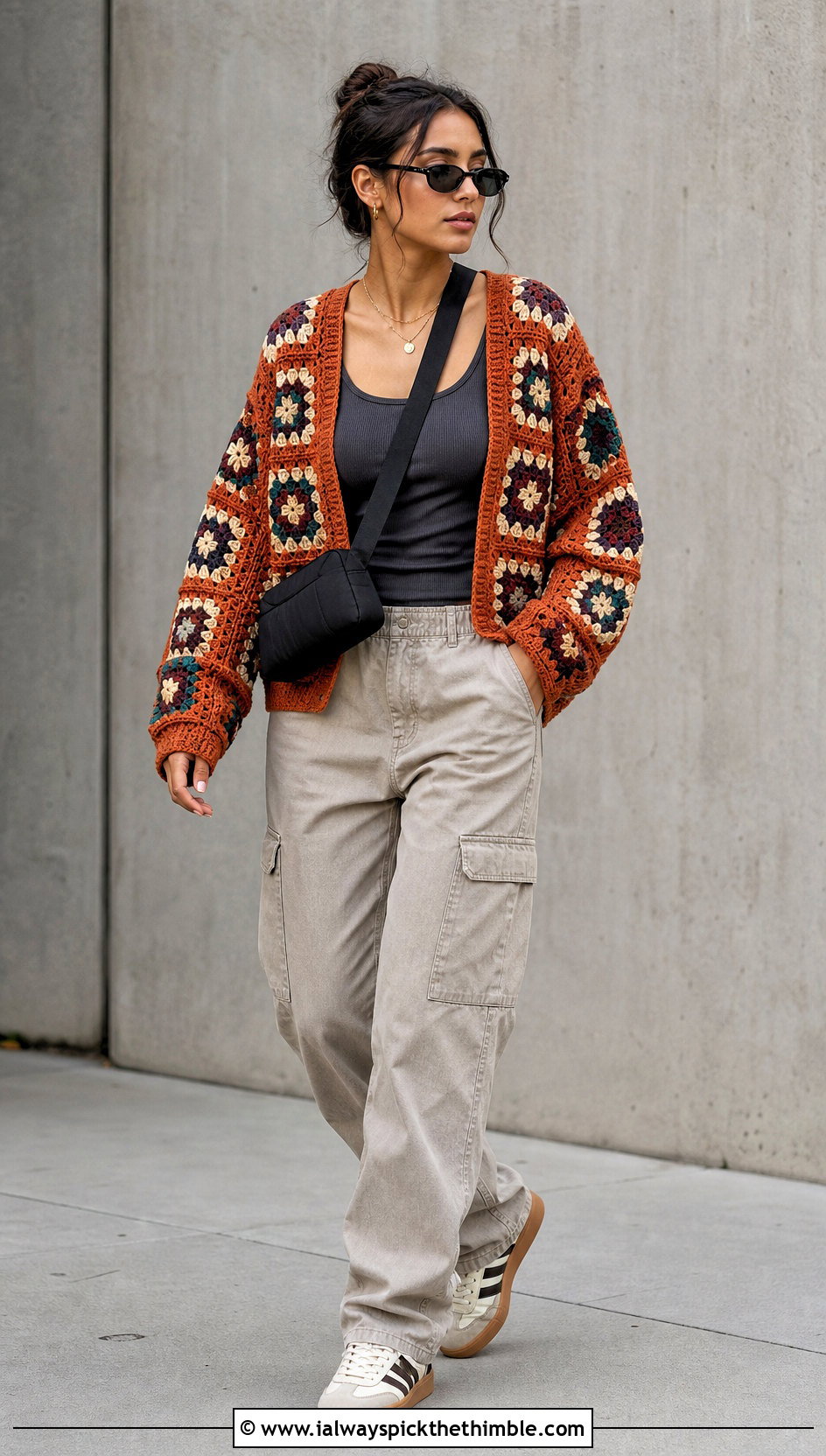 Granny Square Rust Crochet Cardigan With Cargo Pants - 15 rust-colored crochet cardigan outfit ideas
