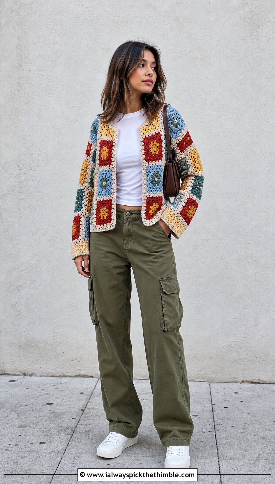 Granny Square Rustic Crochet Sweater With Cargo Pants - 15 Rustic Crochet Sweater outfit ideas