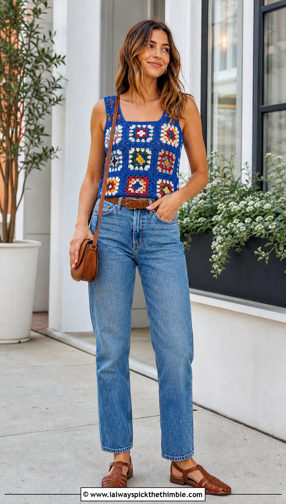 Granny Square Rustic Crochet Tank Top With Straight Jeans - 15 rustic crochet tank top outfit ideas