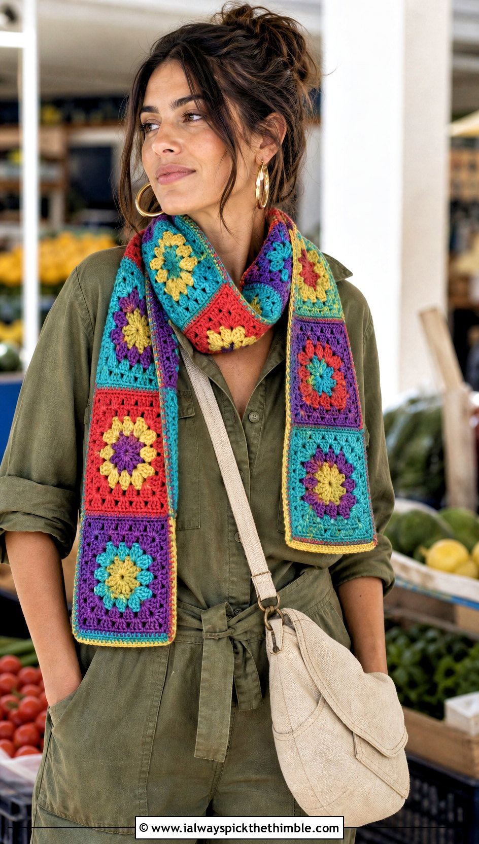 Granny Square Sampler Scarf With Utility Jumpsuit - 20 Crochet Stitch Sampler Scarf outfit ideas