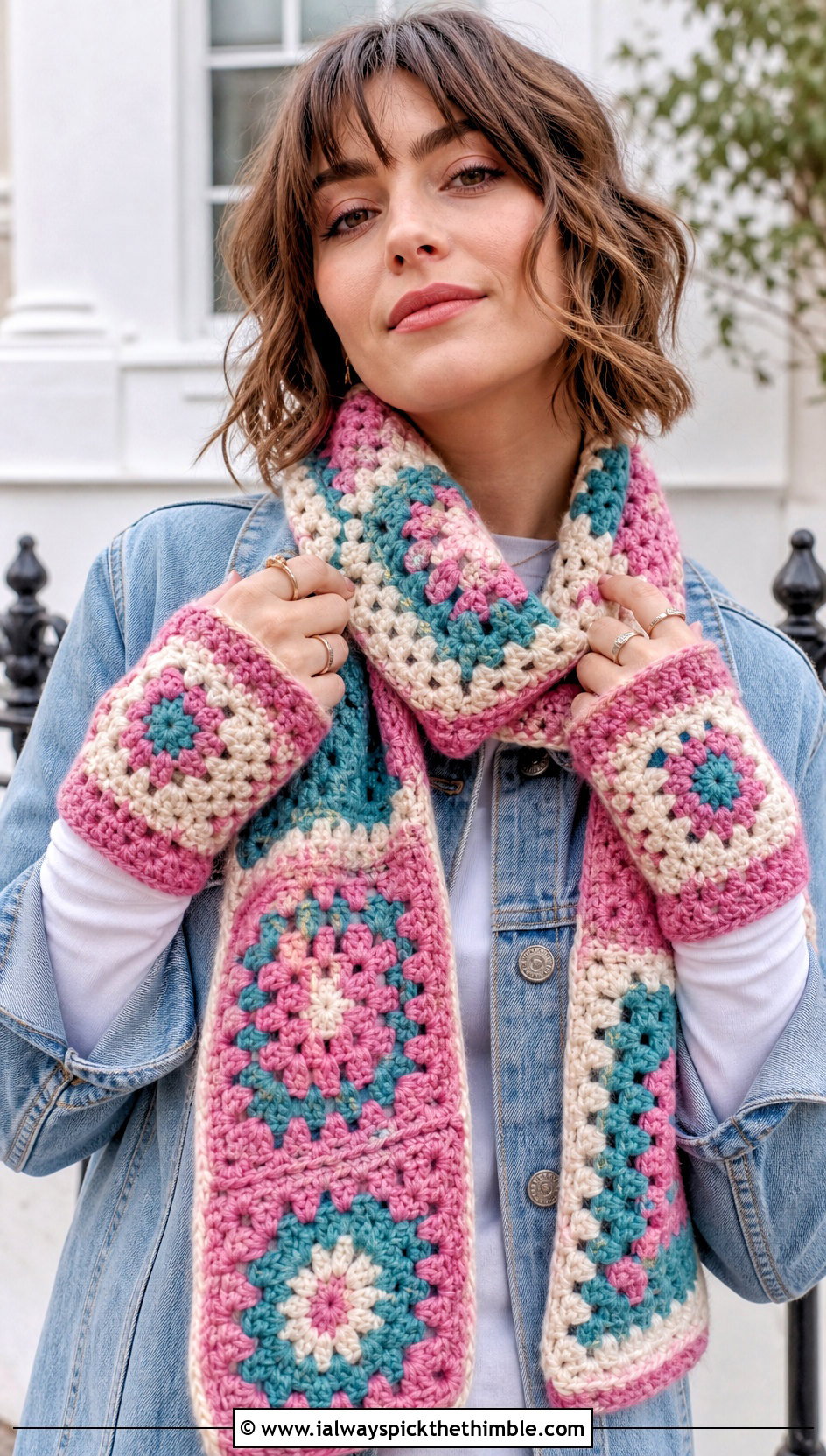 Granny Square Scarf And Fingerless Mittens With Denim Jacket - 15 Crochet Scarf And Mittens Set outfit ideas