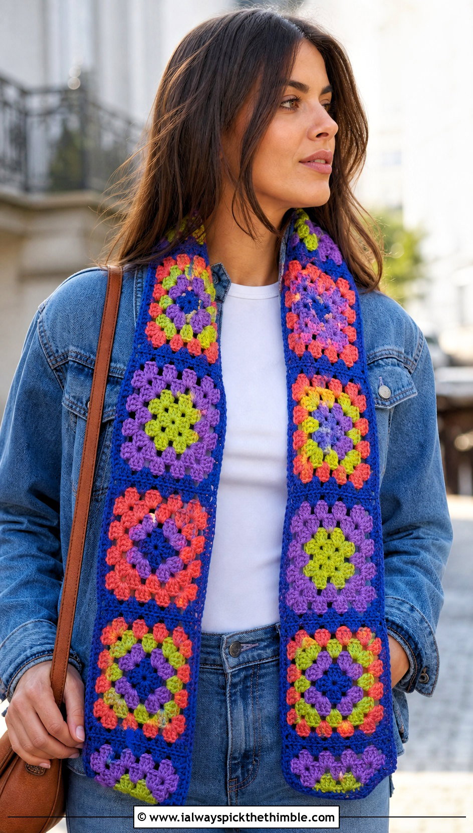 Granny Square Scarf With Denim Jacket - 25 crochet scarf ideas