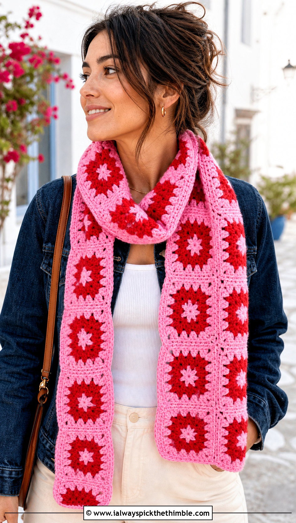 Granny Square Scarf With Denim Jacket - 20 crochet granny stitch scarf outfit ideas