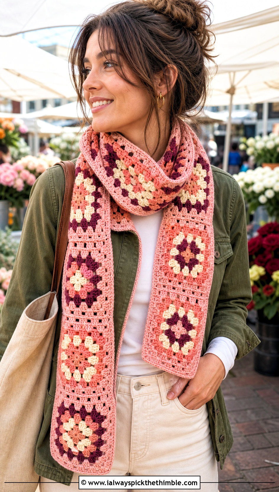 Granny Square Scarf With Utility Jacket - 20 Beginner Crochet Projects Scarf outfit ideas
