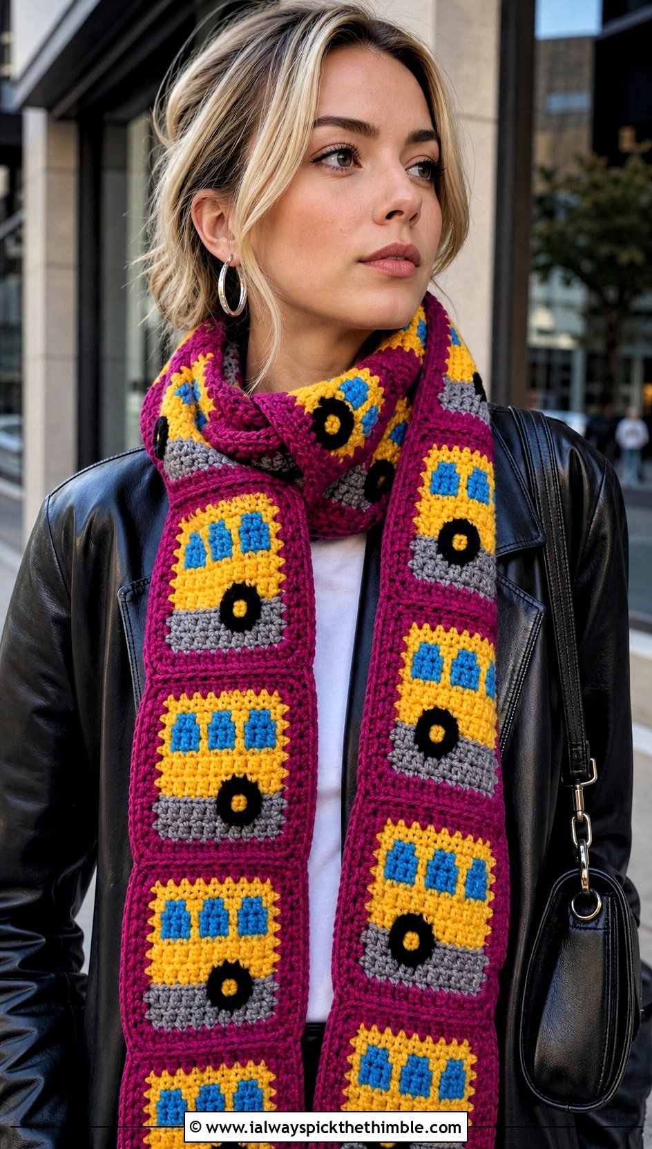 Granny Square School Bus Scarf With Leather Jacket - 20 Crochet School Bus Scarf outfit ideas