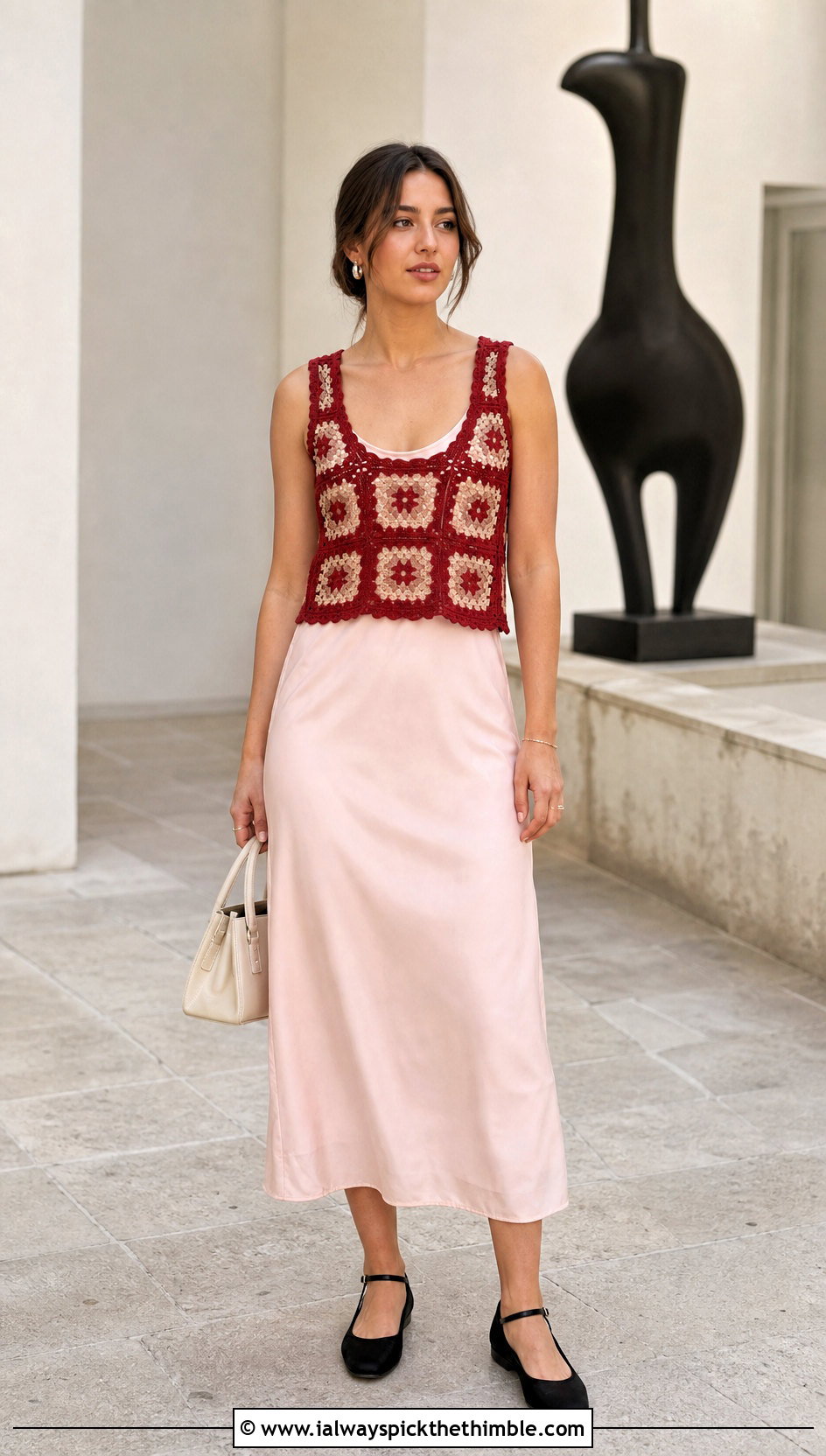 Granny Square Scoop Neck Top With Slip Dress - 25 granny square crochet top outfit ideas