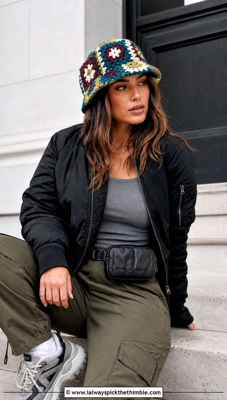 Granny Square Scrap Bucket Hat With Bomber Jacket And Cargo Pants - 15 Scrap Happy Crochet Bucket Hat outfit ideas