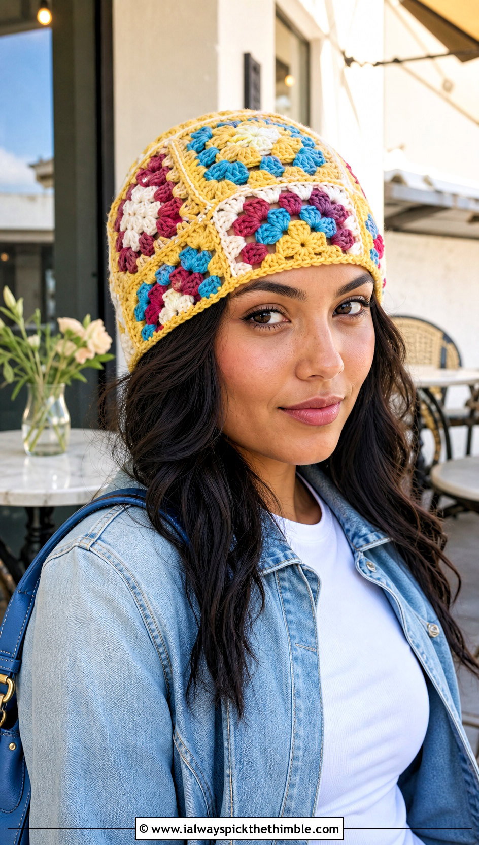 Granny Square Scrap Crochet Beanie With Denim Jacket And Midi Skirt - 25 crochet scrap beanie outfit ideas
