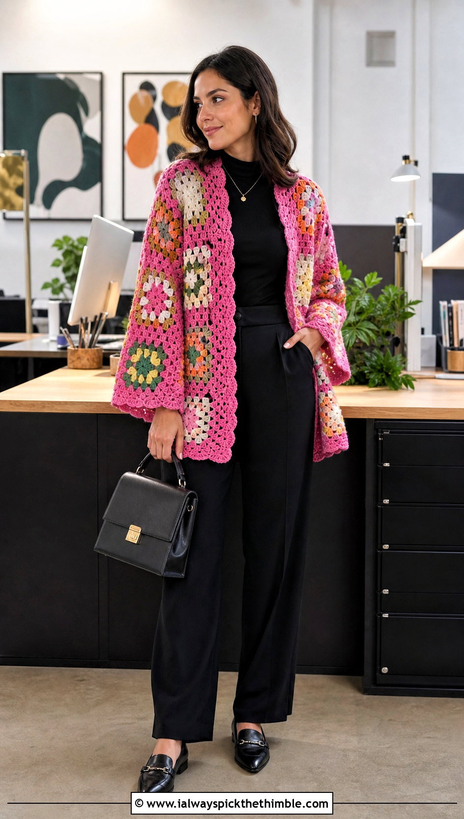Granny Square Shawl Crochet Cardigan With Tailored Trousers - 20 Shawl Crochet Cardigan outfit ideas