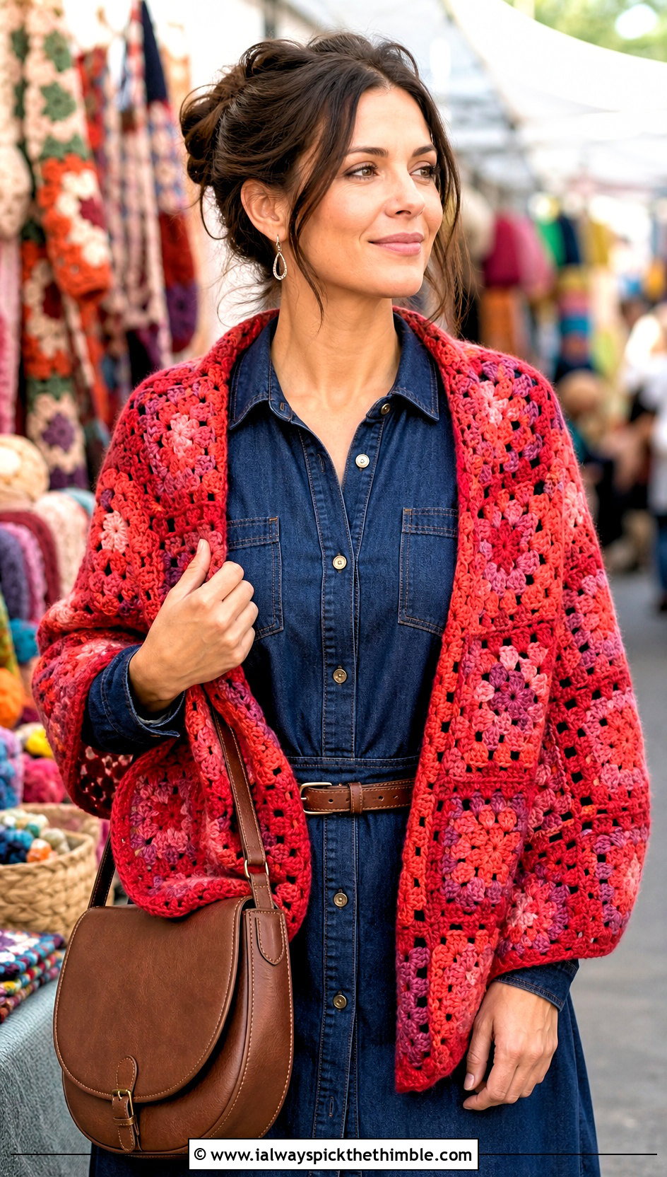 Granny Square Shawl In A Cake With Denim Dress - 20 Crochet Shawl In A Cake outfit ideas