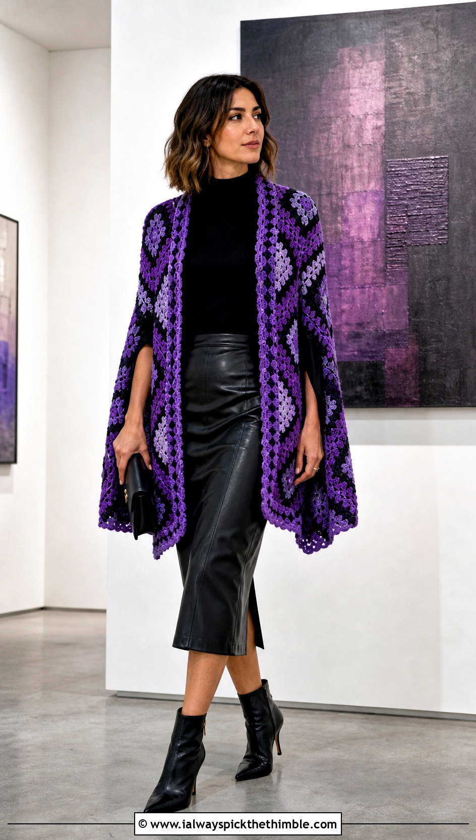 Granny Square Shawl With Leather Skirt - 20 crochet shawl with arm holes outfit ideas