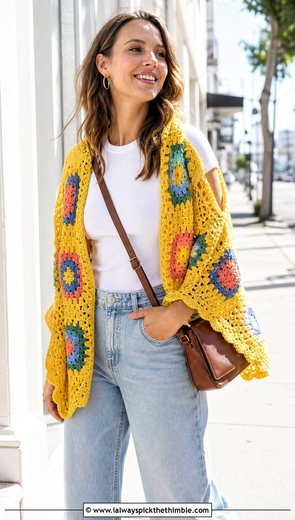 Granny Square Shawl With Wide Leg Jeans - 20 Vintage Crochet Shawl outfit ideas
