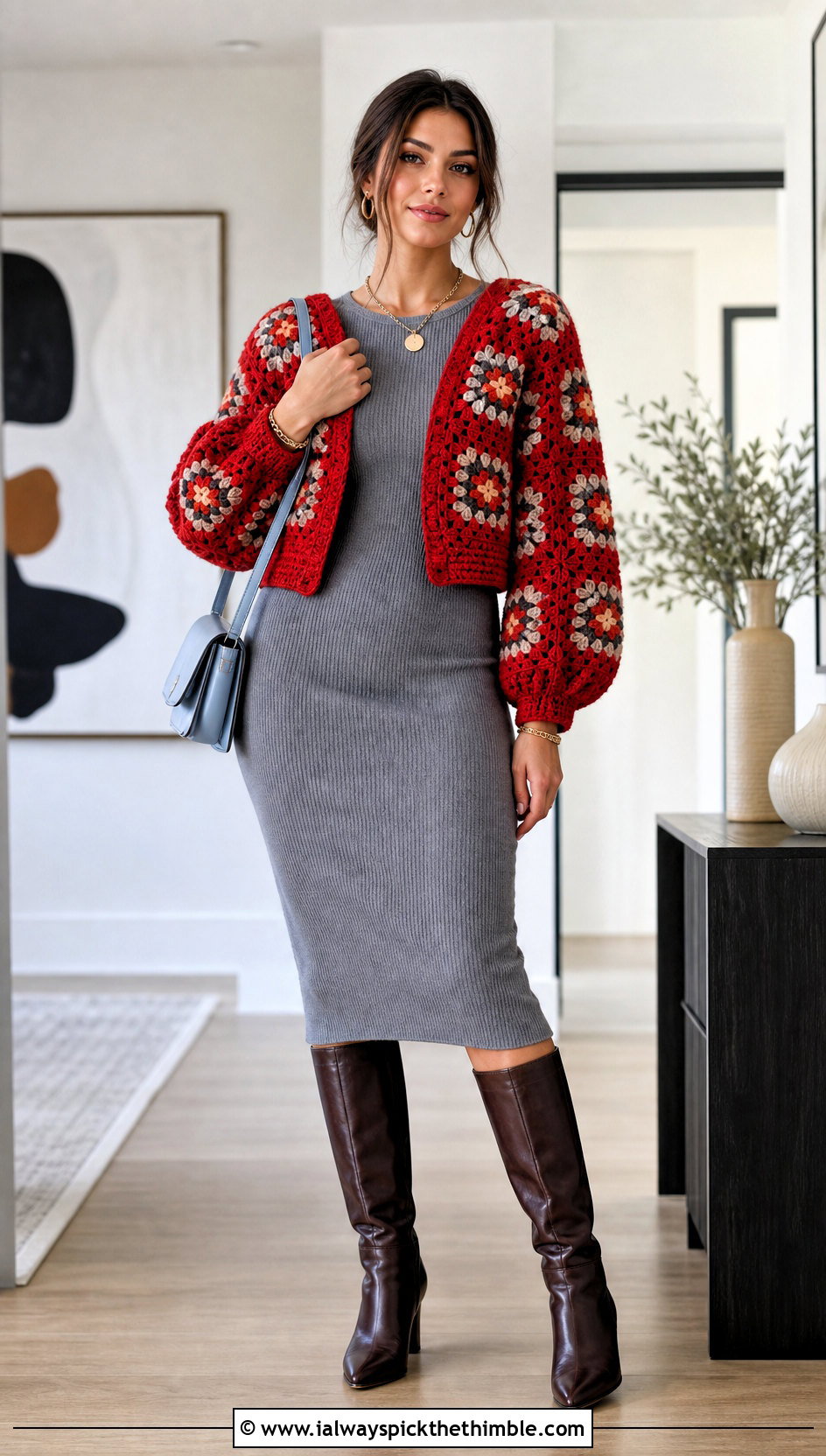Granny Square Shrug With Ribbed Knit Dress - 25 granny square clothing and outfit ideas