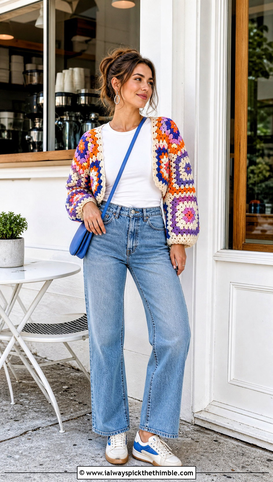 Granny Square Shrug With T Shirt And Straight Jeans - 25 crocheted shrug outfit ideas