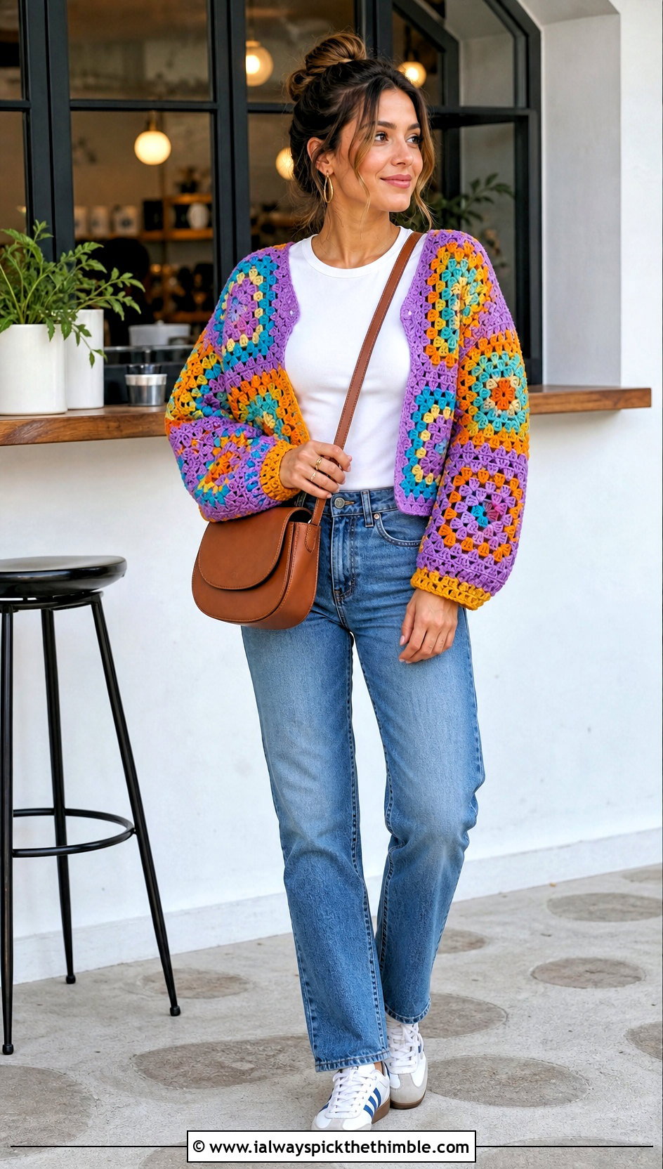 Granny Square Shrug With T Shirt And Straight Jeans - 25 crochet shrug bolero outfit ideas