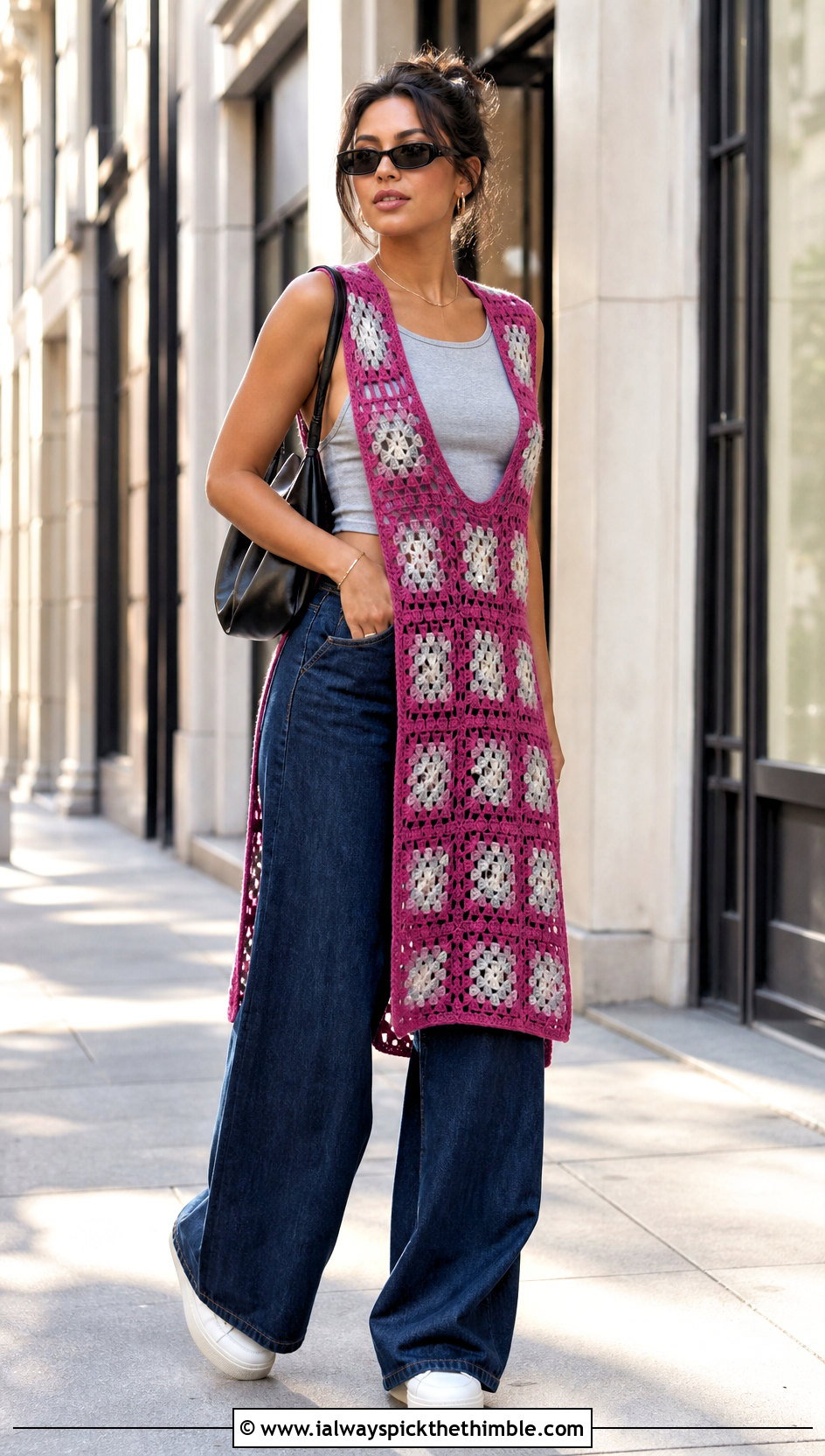 Granny Square Side Slit Cover Up With Wide Leg Jeans - 25 granny square cover up outfit ideas