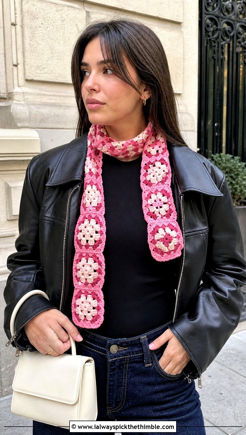 Granny Square Skinny Scarf With Leather Jacket - 15 Dainty Crochet Scarf outfit ideas