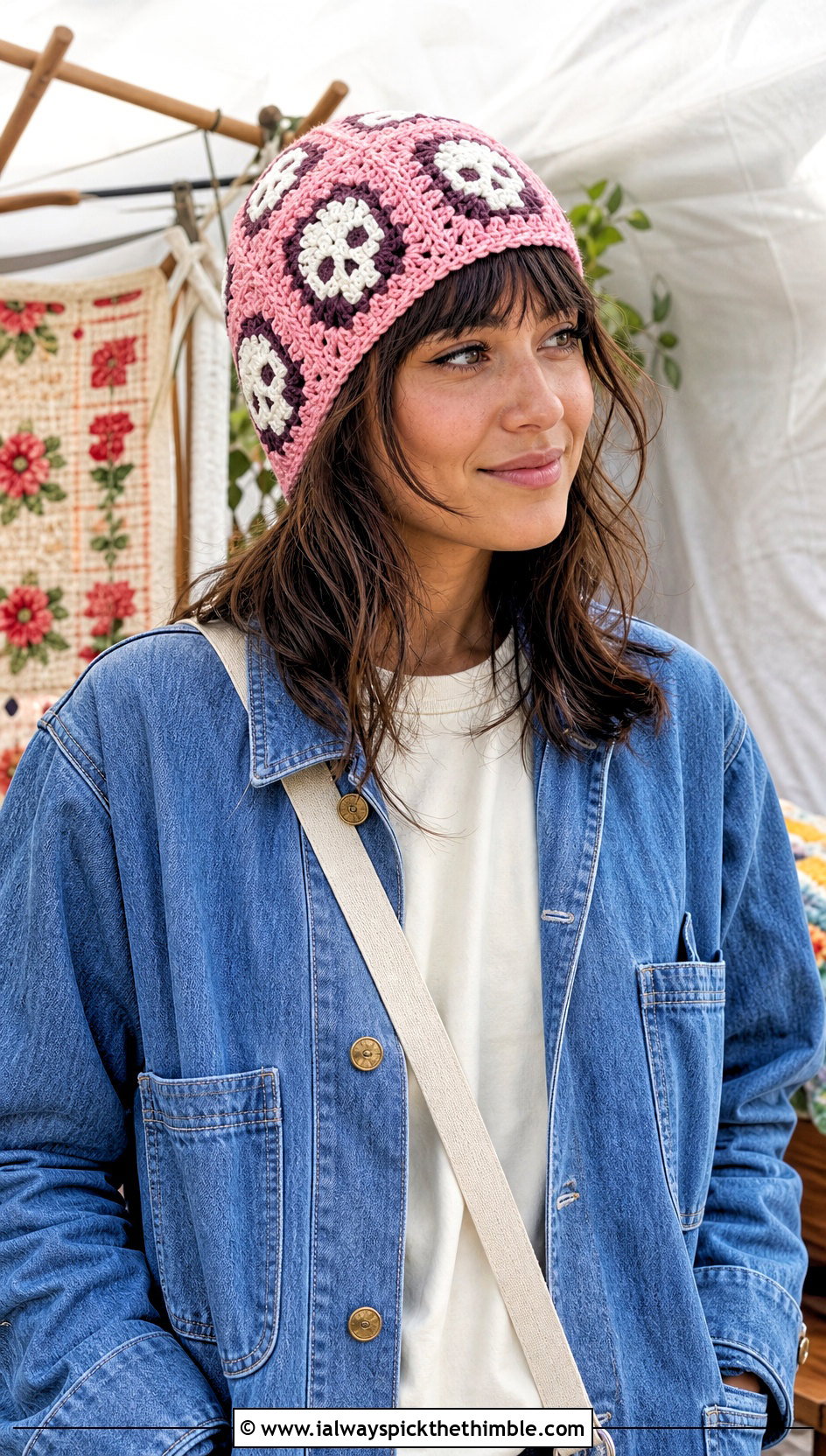 Granny Square Skull Crochet Beanie With Denim Chore Jacket - 20 crochet skull beanie outfit ideas