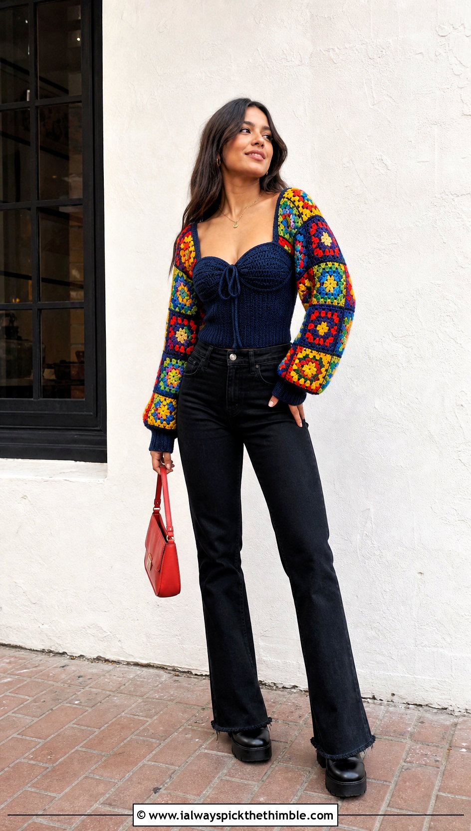 Granny Square Sleeve Crochet Corset Top With Black Jeans - 20 crochet corset top with sleeves outfit ideas