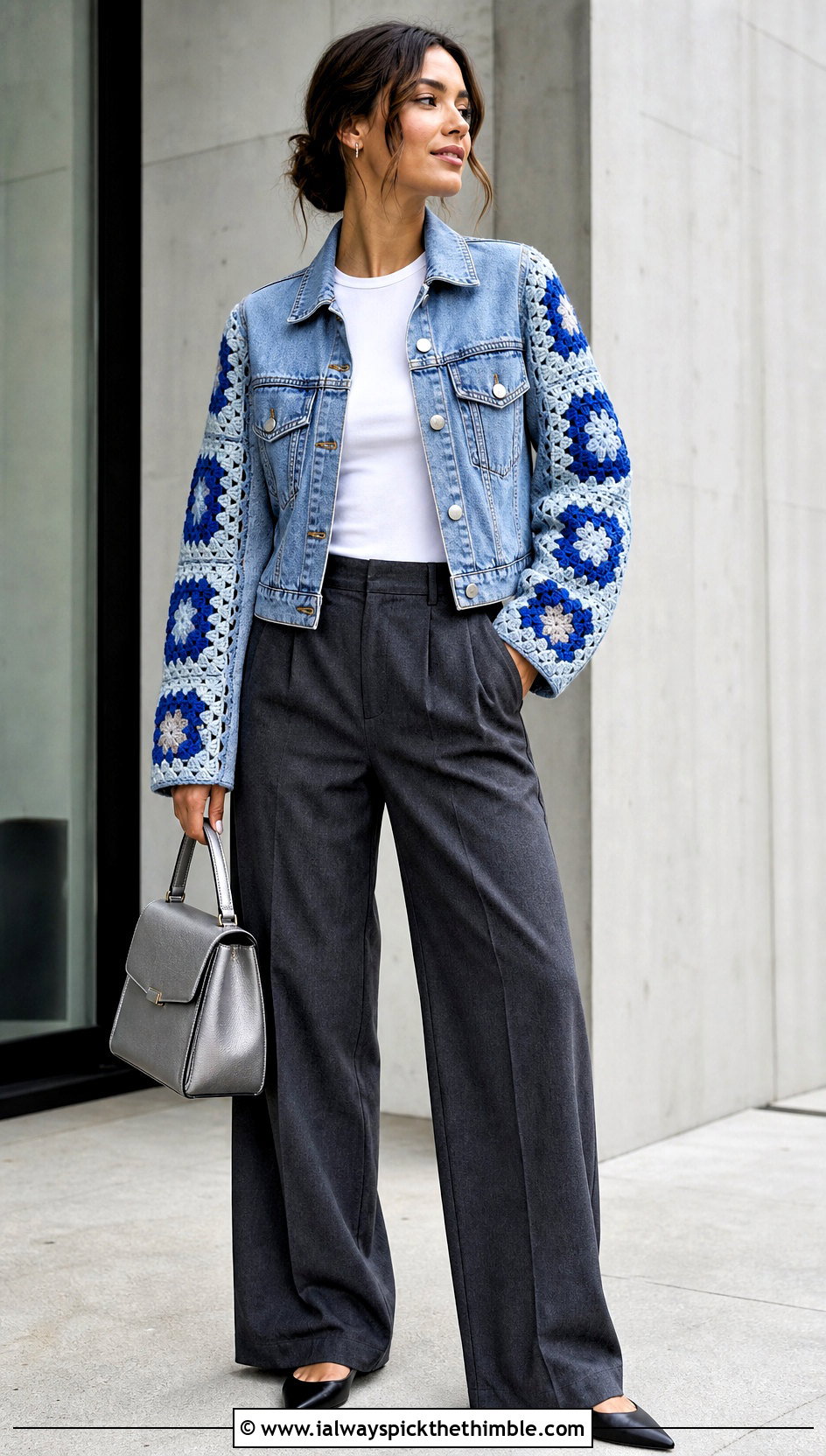Granny Square Sleeve Crochet Denim Jacket With Wide Leg Trousers - 20 crochet denim jacket outfit ideas