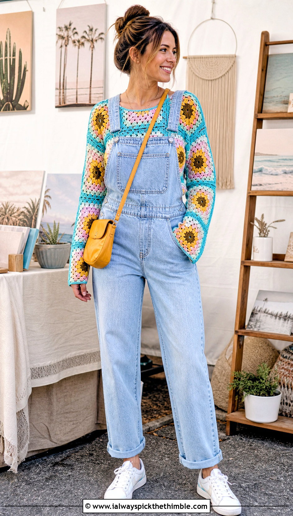 Granny Square Sleeve Crochet Top With Overalls - 25 crochet top sleeves outfit ideas