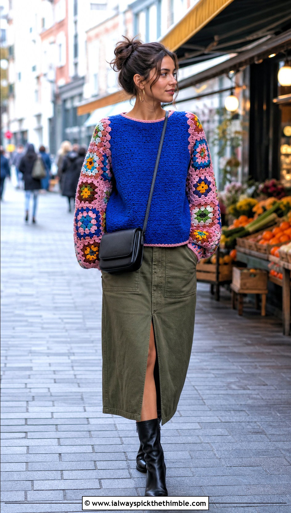 Granny Square Sleeve Pullover With Utility Skirt - 25 crochet granny stitch sweater outfit ideas
