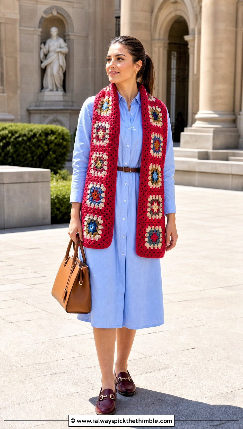 Granny Square Sleeve Scarf With Shirt Dress - 20 crochet wrap around shrug with sleeves outfit ideas