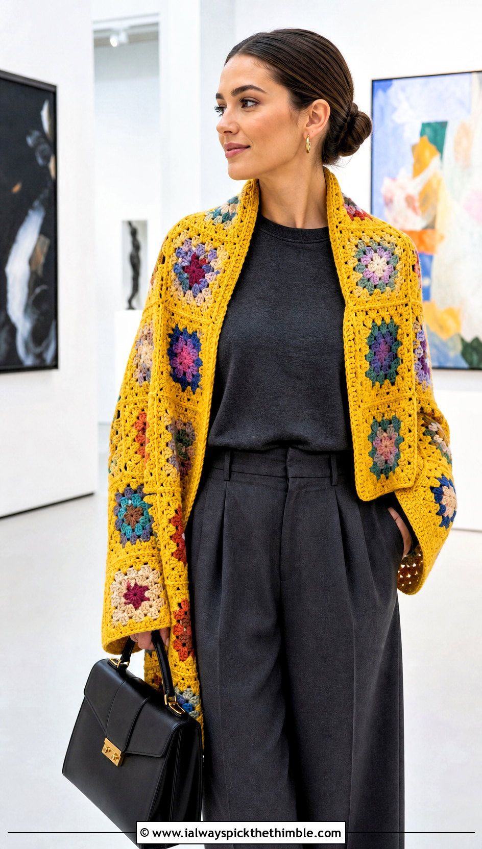 Granny Square Sleeved Crochet Scarf With Tailored Trousers - 20 Sleeved Crochet Scarf outfit ideas