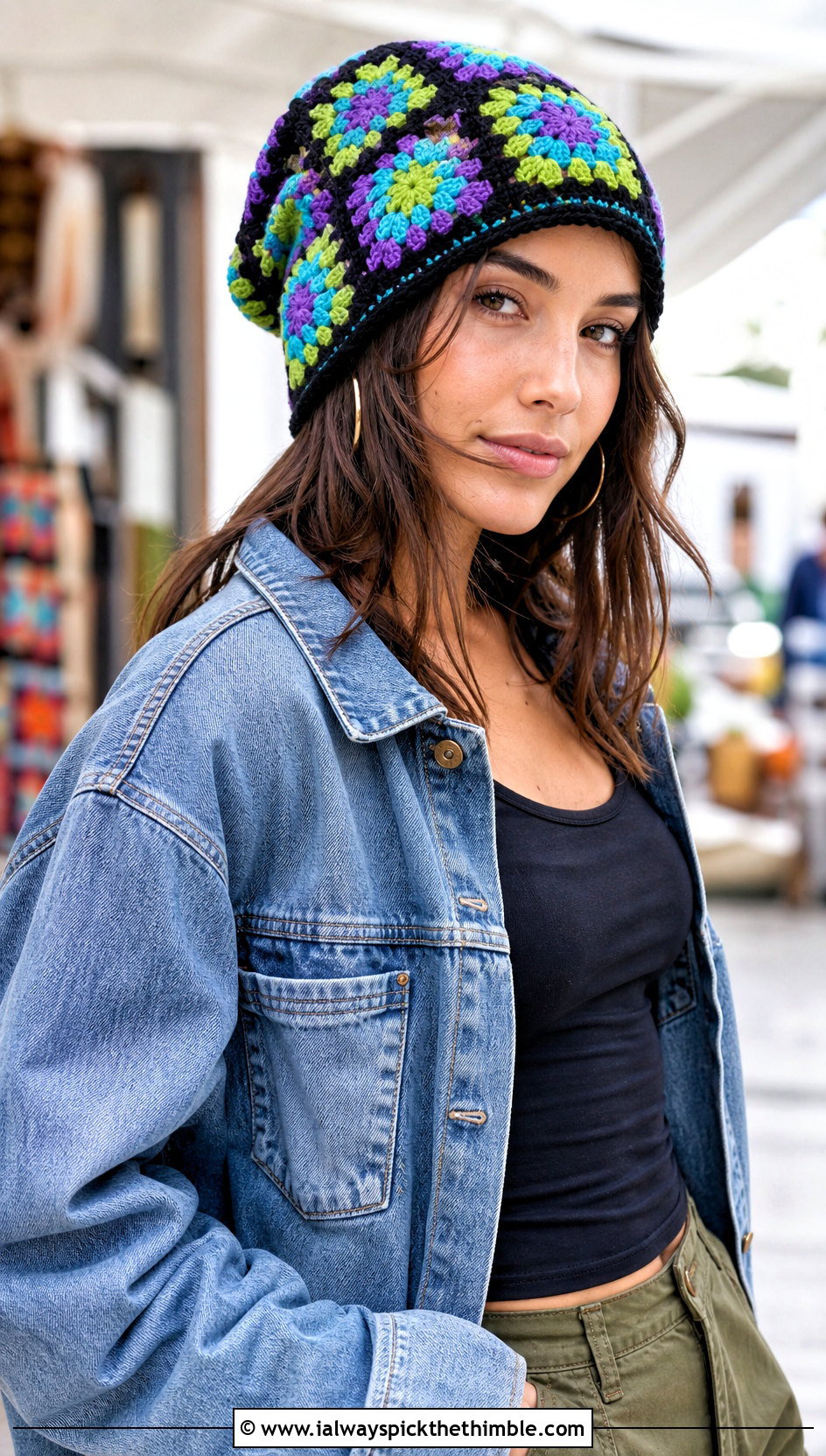 Granny Square Slightly Slouchy Crochet Hat With Denim Jacket And Cargo Pants - 15 Slightly Slouchy Crochet Hat outfit ideas