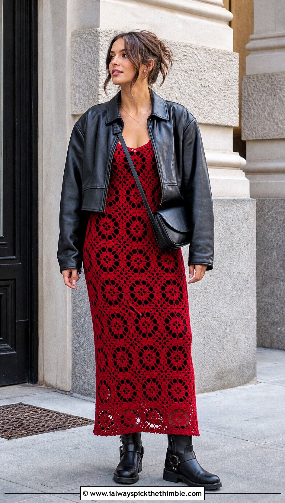 Granny Square Slip Dress With Cropped Leather Jacket - 25 Granny Square Clothing Ideas