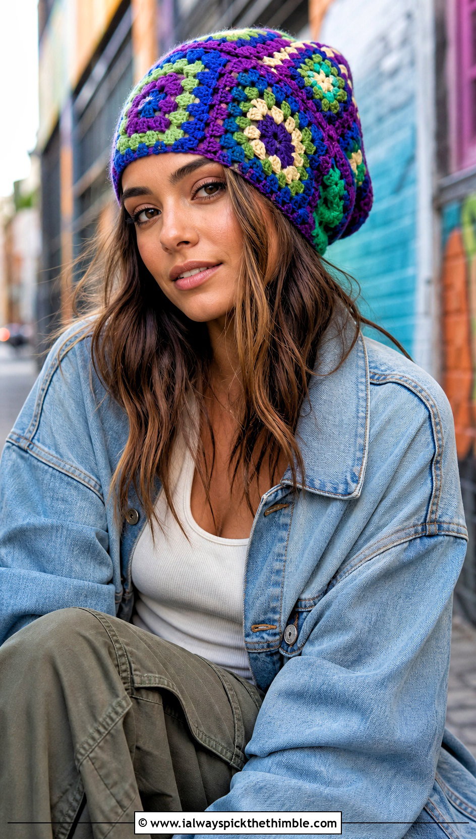 Granny Square Slouch Crochet Beanie With Denim Jacket - 20 slouch crochet beanie outfit ideas