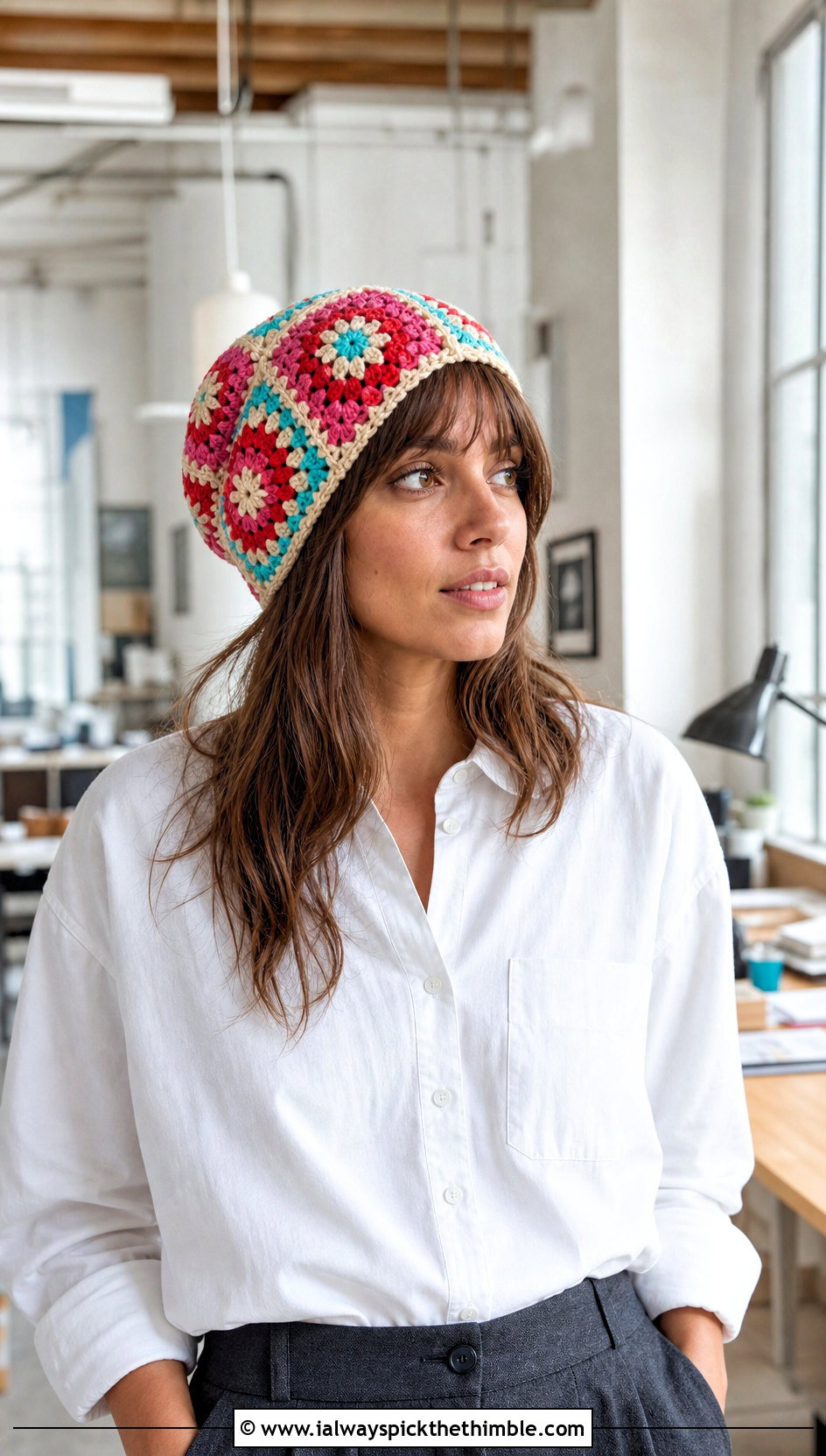 Granny Square Slouch Crochet Hat With White Shirt And Wide Leg Trousers - 20 slouch crochet hat outfit ideas