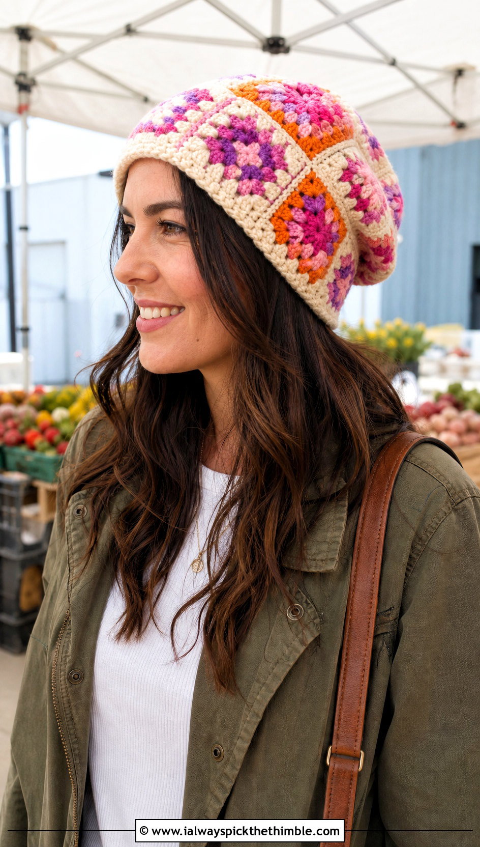 Granny Square Slouchy Crochet Beanie With Utility Jacket - 25 slouchy crochet beanie outfit ideas