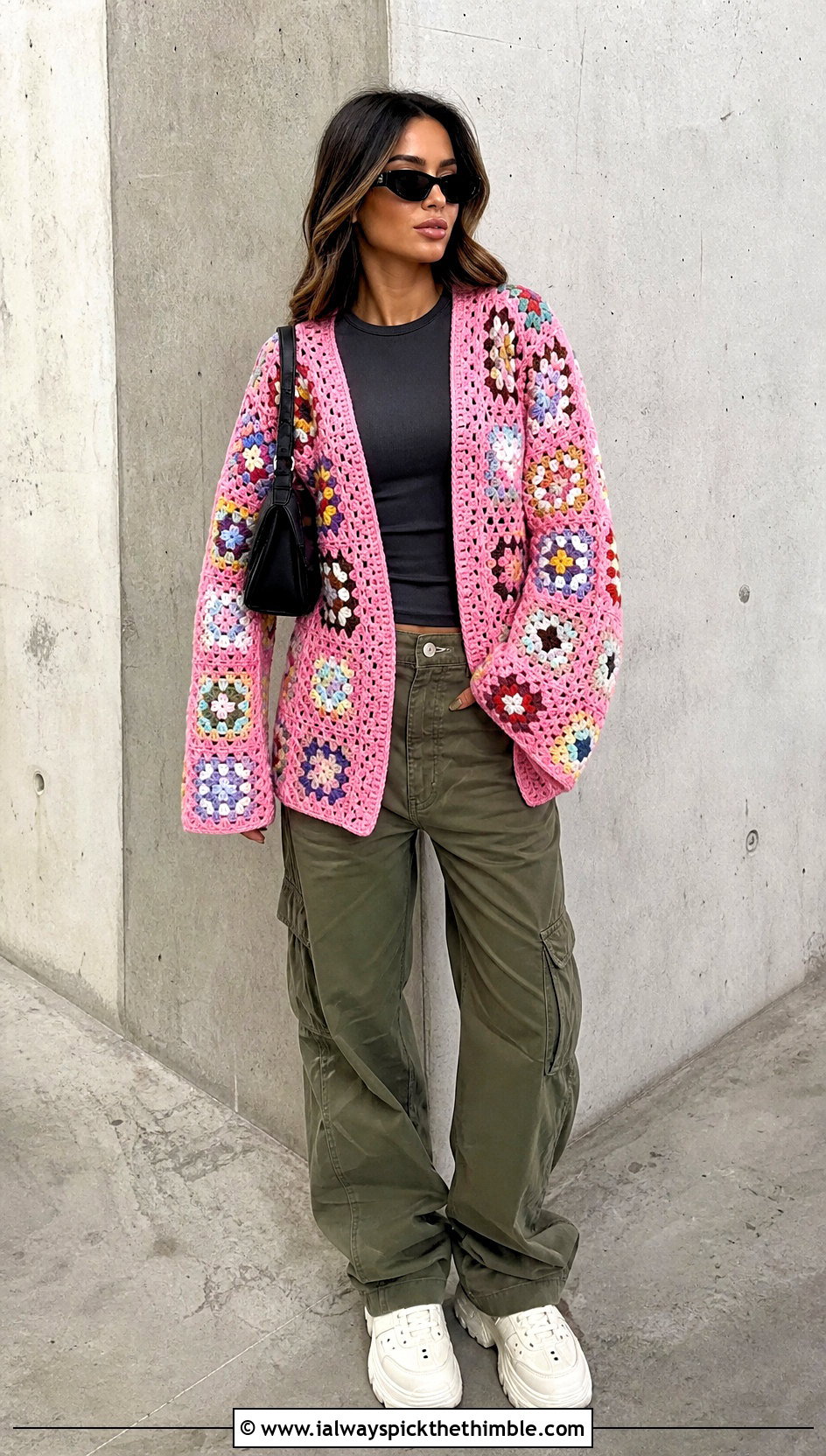 Granny Square Slouchy Crochet Cardigan With Cargo Pants - 20 Slouchy Crochet Cardigan outfit ideas