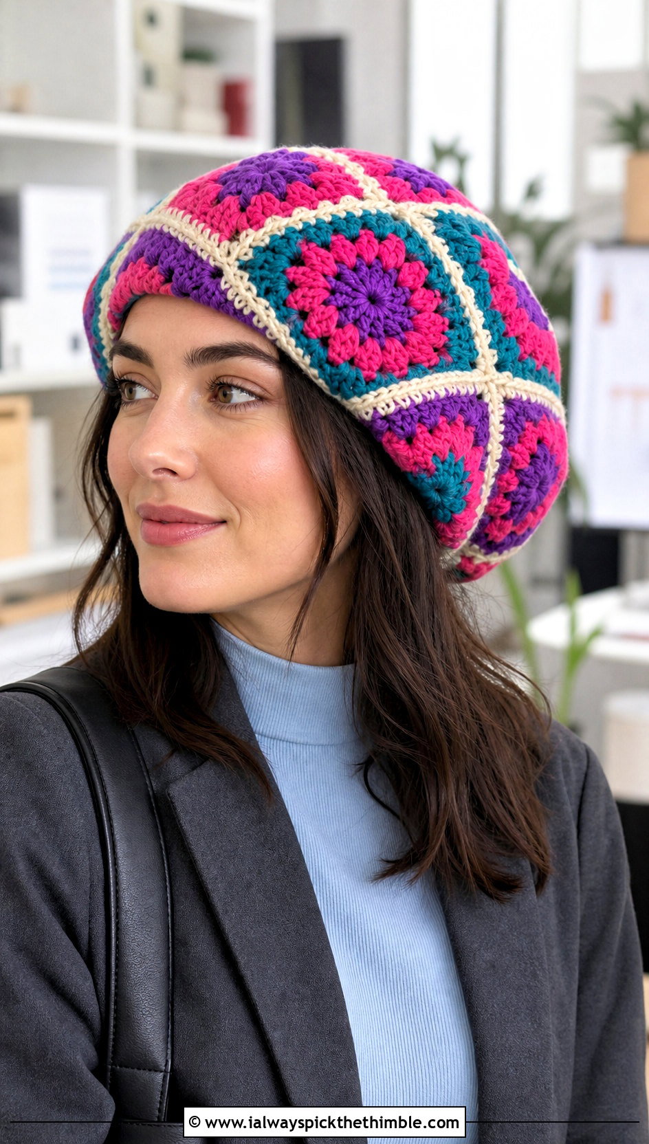 Granny Square Slouchy Crochet Hat With Blazer And Trousers - 15 Slouchy Crochet Hat outfit ideas