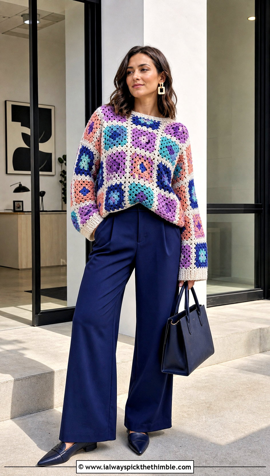 Granny Square Slouchy Crochet Sweater With Wide Leg Trousers - 15 Super Slouchy Crochet Sweater outfit ideas