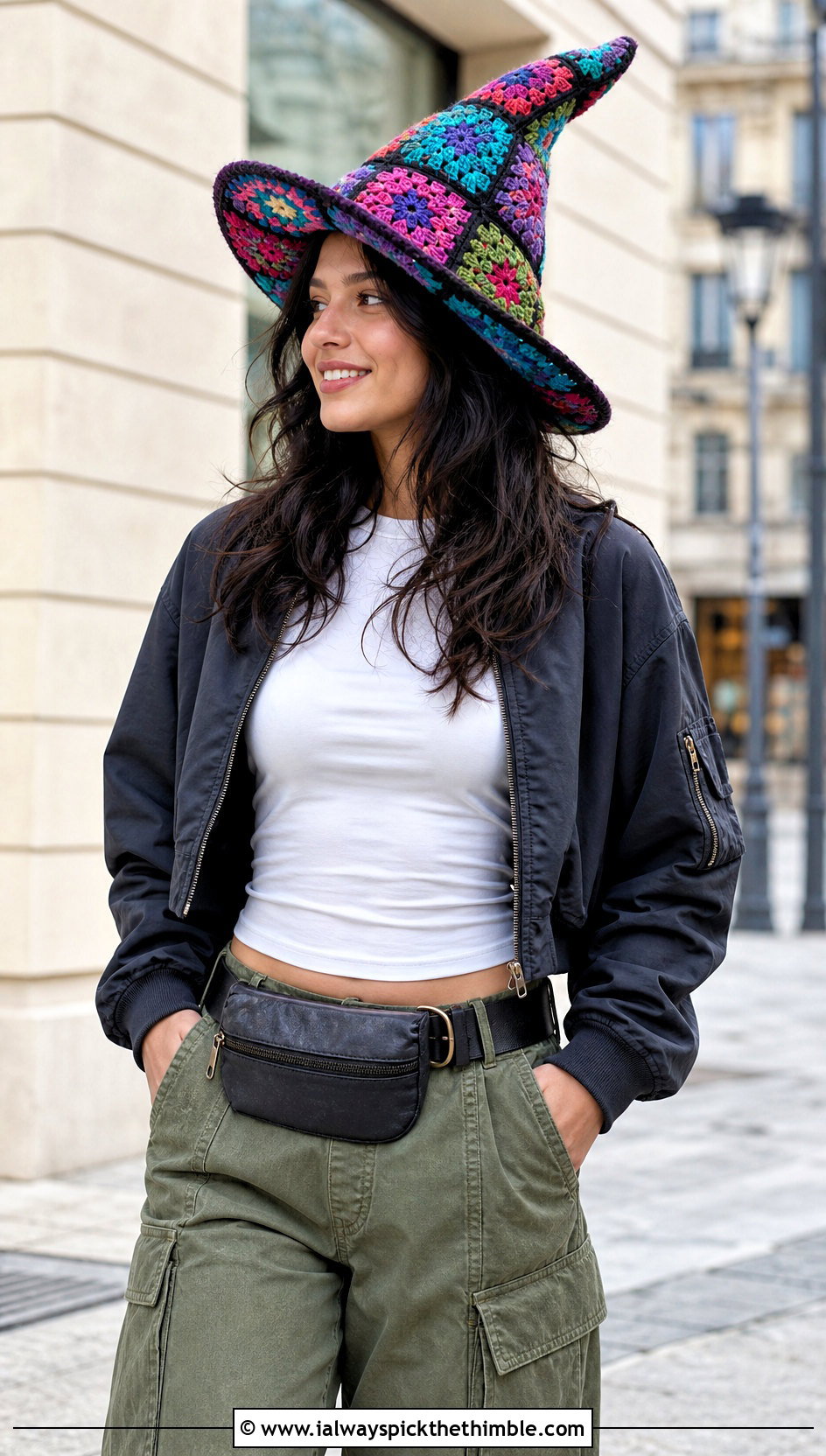 Granny Square Slouchy Crochet Witch Hat With Cargo Pants - 20 slouchy crochet witch hat outfit ideas