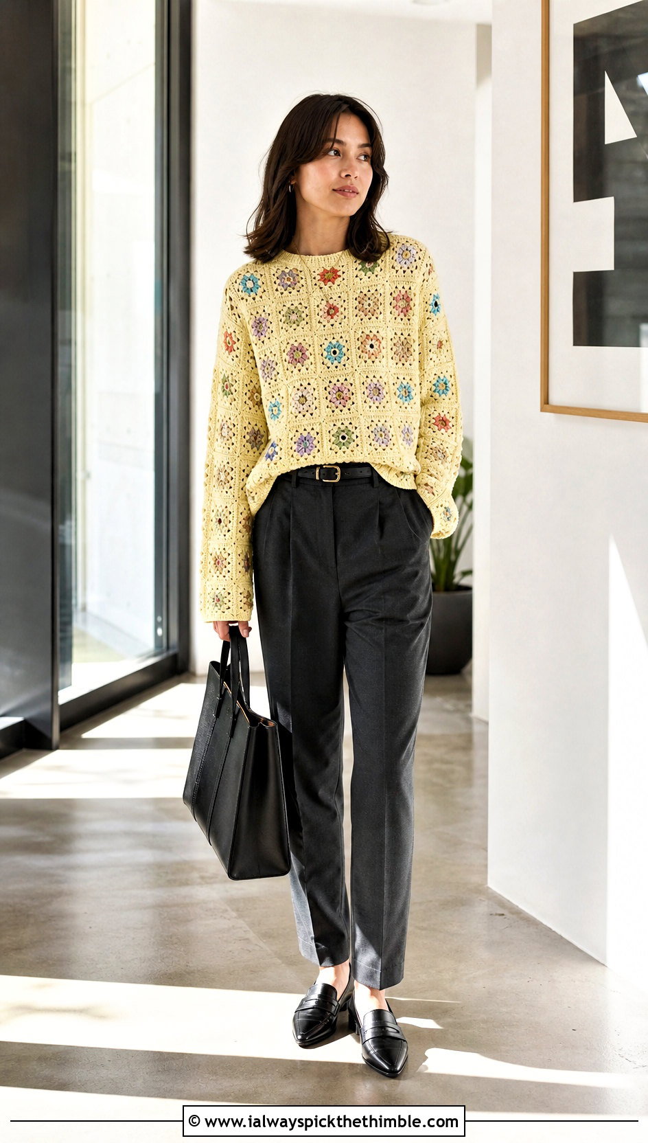 Granny Square Soft Crochet Sweater With Tailored Trousers - 15 Soft Crochet Sweater outfit ideas